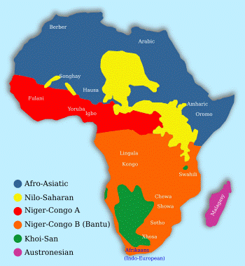 Map showing the approximate distribution of Bantu vs. other Niger-Congo languages.